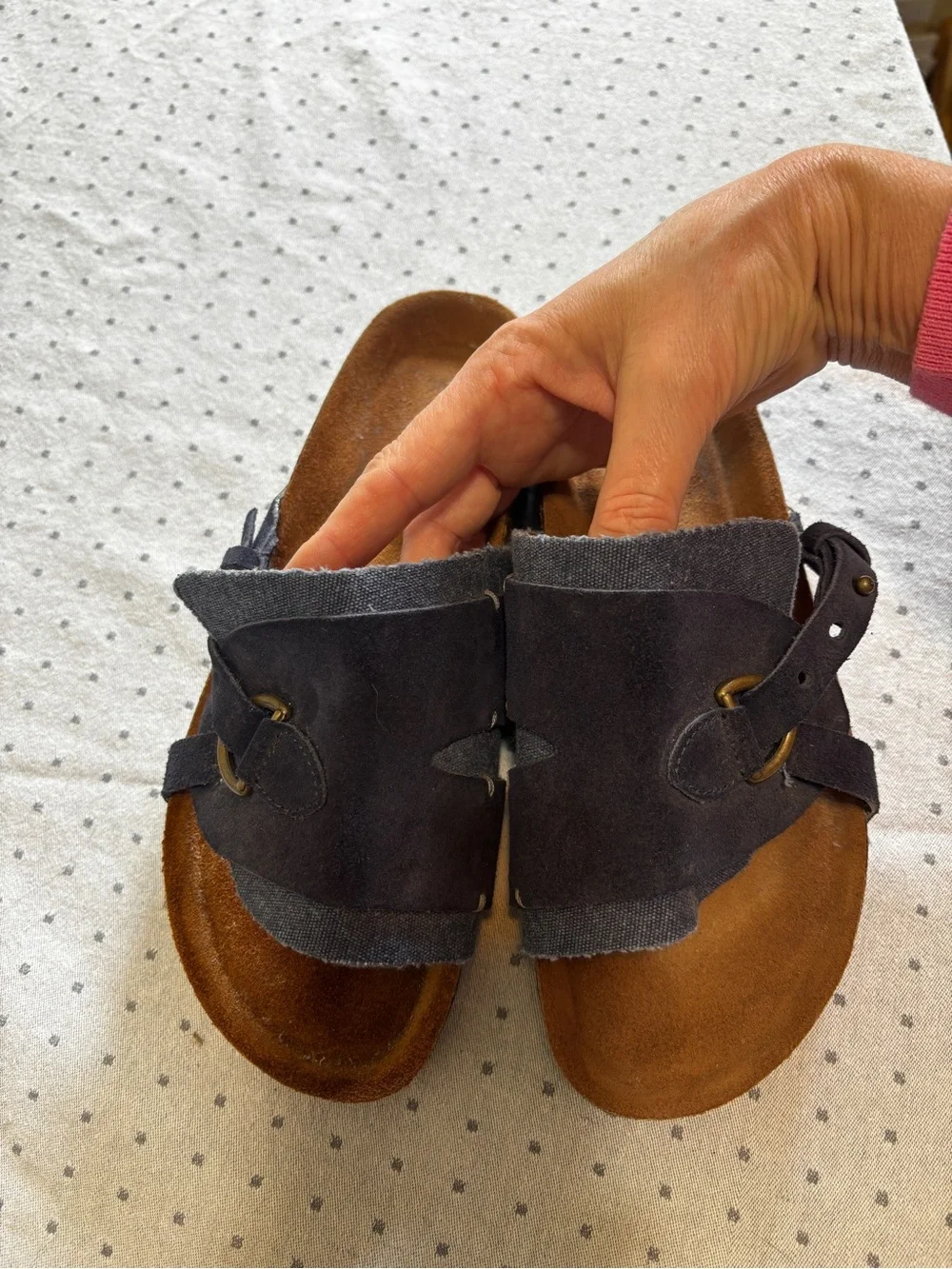 Sundance Navy Suede Denim Cork Slide Sandal Bronze Buckle Birkenstock Style NEW